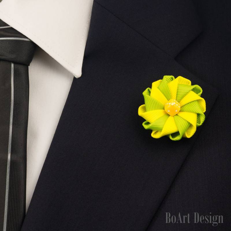 Revers Pin/Grün/Gelb Kanzashi Blume Am Pin/Gelb Würfel Perle/Revers Blume/Herren Blume/Hochzeit Zubehör von BoArtDesign