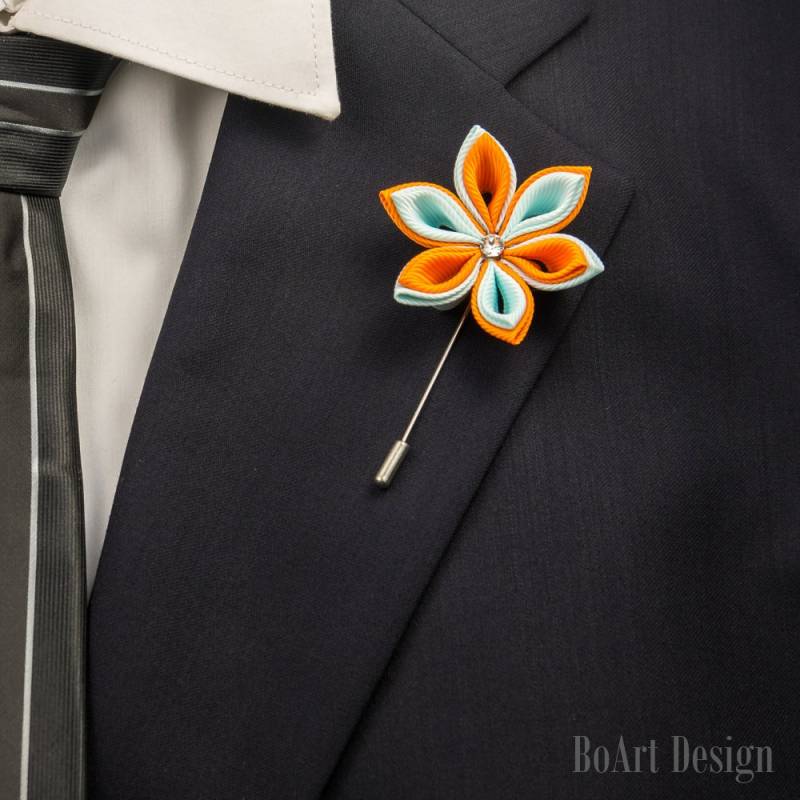 Revers Pin/Orange & Blau/Frühling Inspiriert Kanzashi Blume Am Pin/Swarovski Kristall/Revers Blume/Herren Blume/Hochzeit Zubehör/Brosche von BoArtDesign