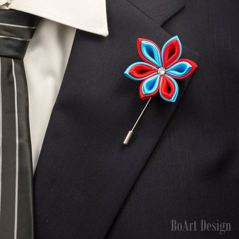 Revers Pin/Rot & Blau/Kanzashi Blume Am Pin/Swarovski Kristall/Revers Blume/Herren Blume/Hochzeit Zubehör/Brosche von BoArtDesign