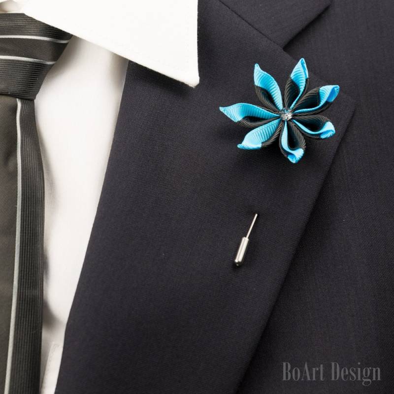 Schwarz/Blau Kanzashi Blume Anstecknadel Mit Swarovski Silber Nacht Kristall/Revers Pin/Revers Blume/Herren Revers Blume/Hochzeit Zubehör/Brosche von BoArtDesign