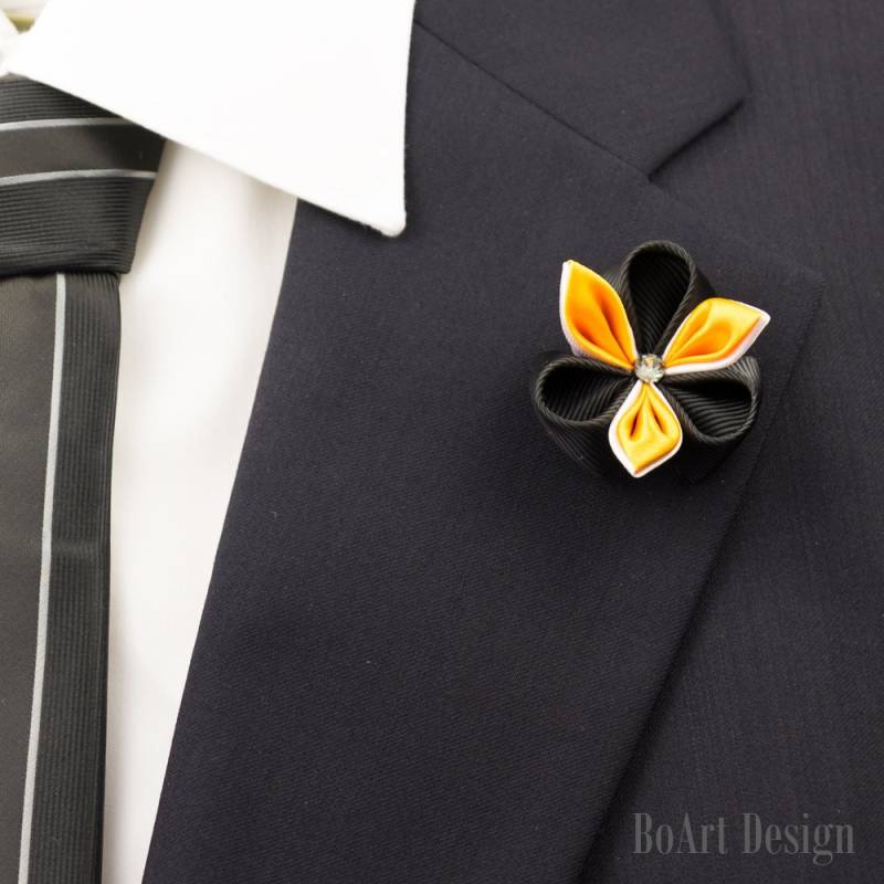 Schwarz/Gelb Weiß Kanzashi Blume Anstecknadel Mit Swarovski Silver Night Crystal/Anstecknadel/Anstecknadel Blume/Herren Anstecknadel/Hochzeit von BoArtDesign