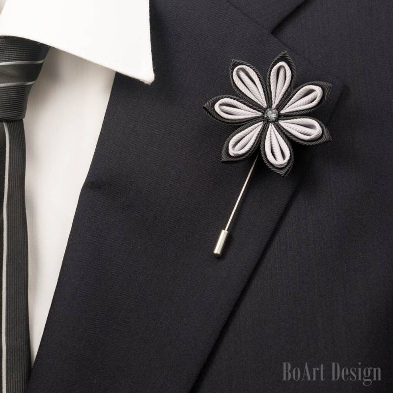 Schwarz/Grau Kanzashi Blume Anstecknadel Mit Swarovski Silber Nacht Kristall/Lapel Pin/Lapel Blume/Herren Blume/Hochzeit Zubehör/Brosche von BoArtDesign