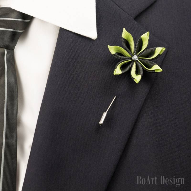 Schwarz/Grüne Kanzashi Blume Revers Pin Mit Swarovski Silver Night Crystal Anstecknadel Herren Hochzeitsaccessoires Brosche von BoArtDesign
