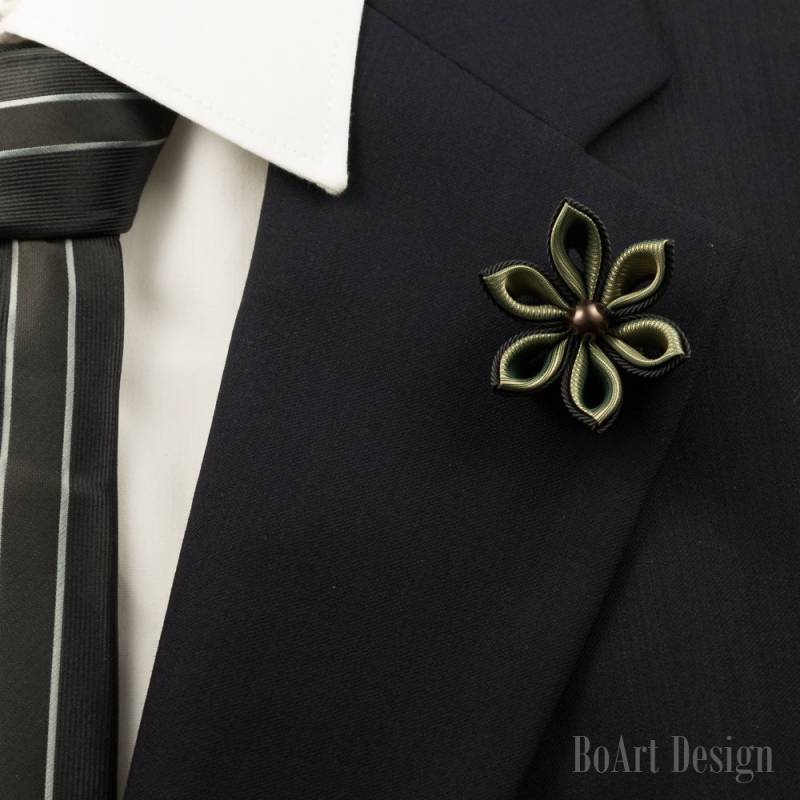 Schwarz/Meergrün Kanzashi Blume Anstecknadel Mit Swarovski Tiefbraune Perle/Anstecknadel/Blume Anstecknadel/Herren Anstecknadel/Hochzeit von BoArtDesign