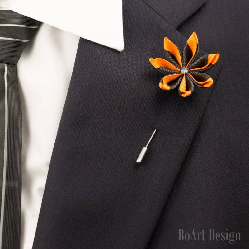 Schwarz/Orange Kanzashi Blume Anstecknadel Mit Swarovski Silber Nacht Kristall/Revers Pin/Revers Blume/Männer Revers Blume/Hochzeit Zubehör/Brosche von BoArtDesign