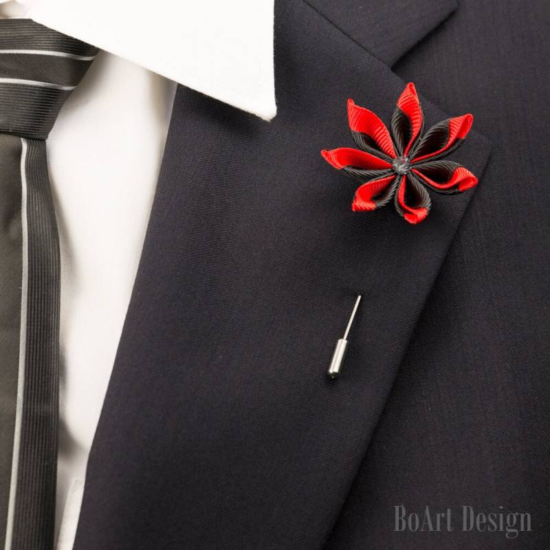 Schwarz/Rot Kanzashi Blume Anstecknadel Mit Swarovski Silber Nacht Kristall/Revers Pin/Revers Blume/Herren Revers Blume/Hochzeit Zubehör/Brosche von BoArtDesign