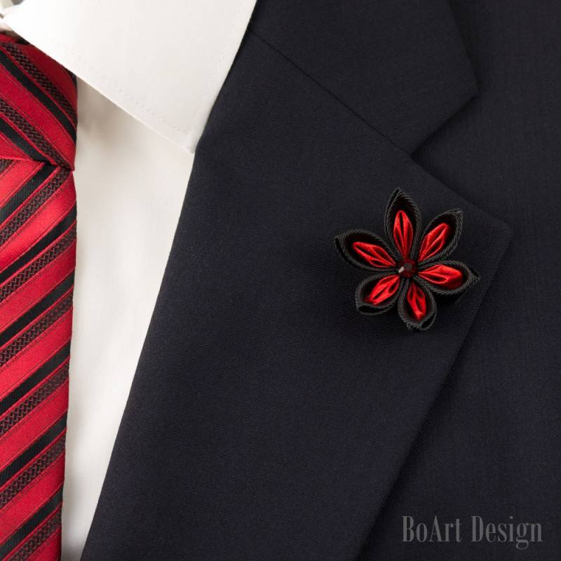 Schwarz/Rote Kanzashi Blume Anstecknadel Mit Swarovski Siam Kristall/Anstecknadel/Revers Blume/Herren Revers Blume/Hochzeit Accessoires/Brosche Schwarz/Rote Kanzashi Blume Anstecknadel Mit Swarovski Siam Kristall/Anstecknadel/Revers Blume/Herren Revers Blume/Hochzeit Accessoires/Brosche von BoArtDesign