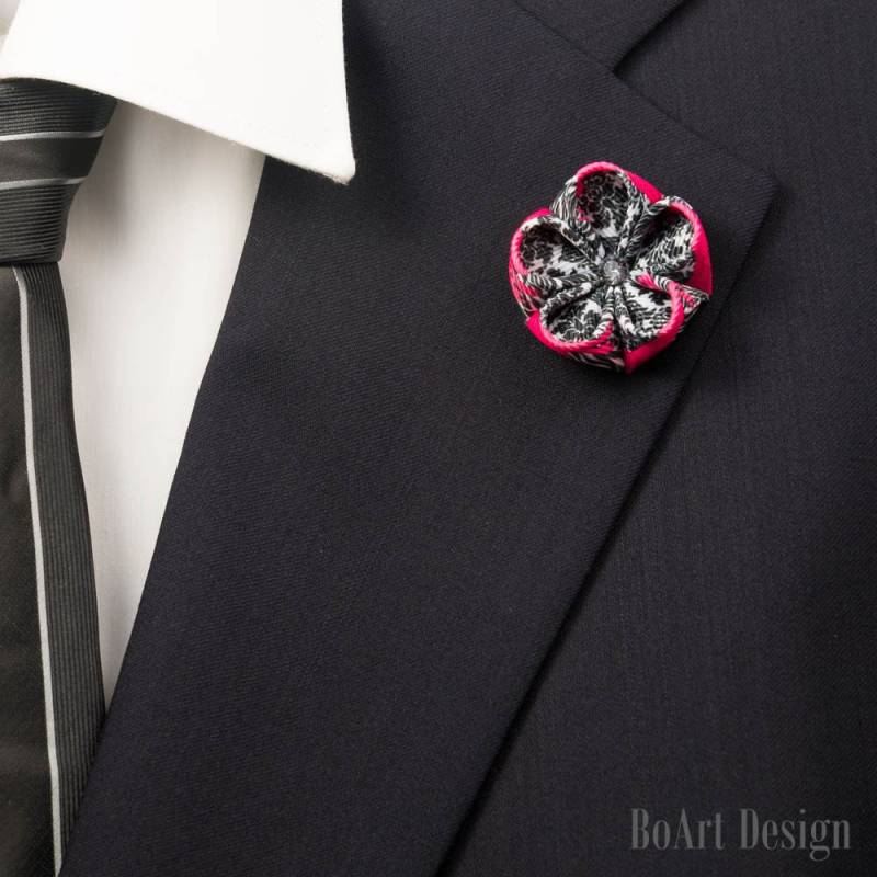 Schwarz/Tief Rosa/Weiß Kanzashi Blume Anstecknadel Mit Swarovski Kristall/Revers Pin/Revers Blume/Herren Revers Blume/Hochzeit Zubehör/Brosche von BoArtDesign