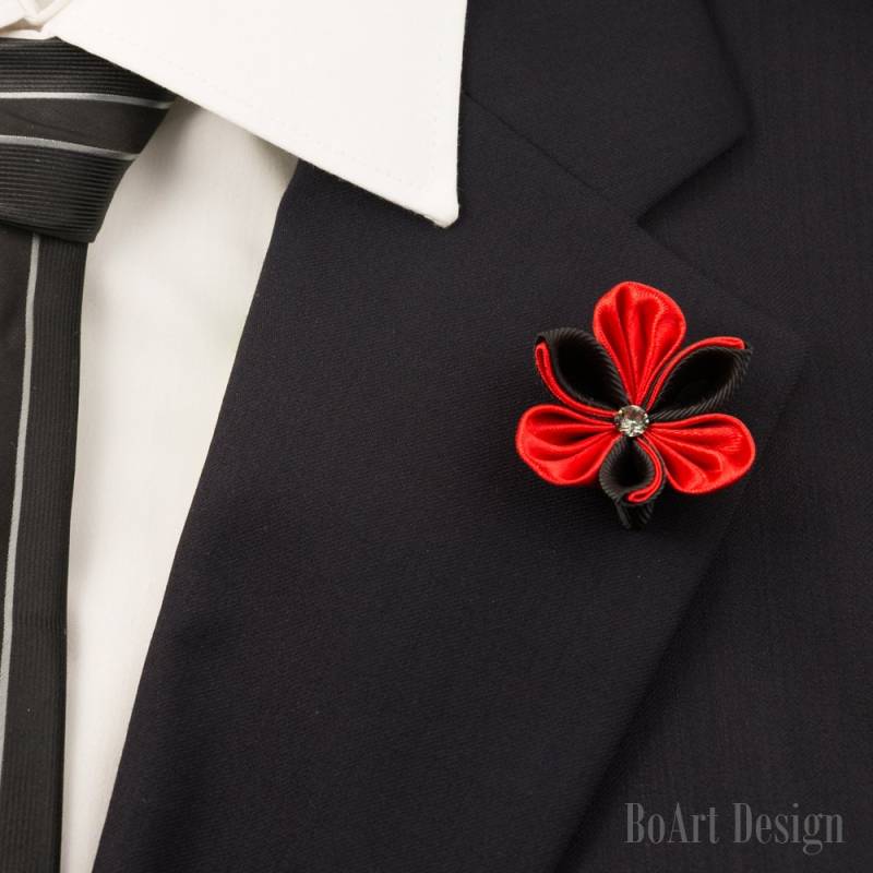 Schwarz & Rot Kanzashi Blume Revers Pin Mit Swarovski Silver Night Crystal/Anstecknadel/Revers Blume/Herren Blume/Hochzeit Accessoires/Brosche von BoArtDesign