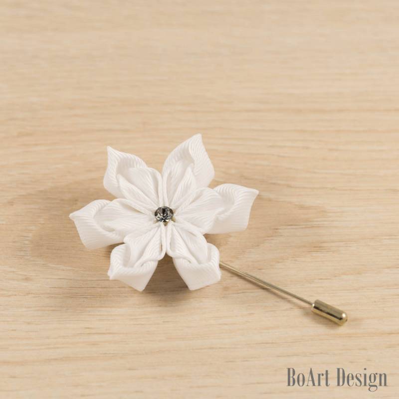 Weiße Kanzashi Stick Anstecknadel Mit Swarovski Silber Nacht Crysta/Revers Blume/Männer Revers Blume/Hochzeit Zubehör/Brosche von BoArtDesign