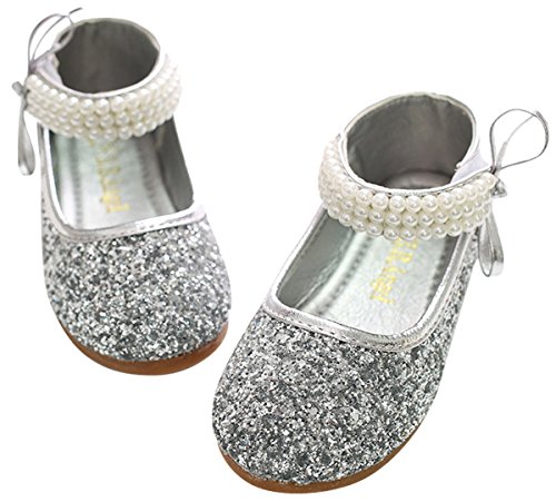 BoBo Angel Mädchen Mary Jane Halbschuhe Prinzessin Paillette Ballerina mit Perlen Riemchen Klettverschluss Festliche Glitzer Schuhe - Silber Größe 32 von BoBo Angel