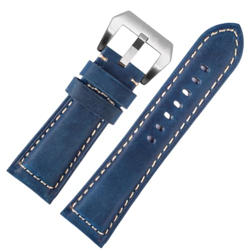 BoBoHome Handgefertigtes Retro-Leder-Armband Mattiertes Edelstahlverschluss-Armband 20mm 22mm 24mm 26mm für PANERAI PAM111 441-Blau + Silber 22mm von BoBoHome