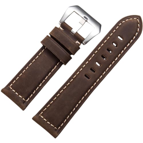 BoBoHome Handgefertigtes Retro-Leder-Armband Mattiertes Edelstahlverschluss-Armband 20mm 22mm 24mm 26mm für PANERAI PAM111 441-Dunkelbraun + Silber 24mm von BoBoHome
