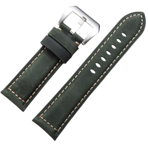 BoBoHome Handgefertigtes Retro-Leder-Armband Mattiertes Edelstahlverschluss-Armband 20mm 22mm 24mm 26mm für PANERAI PAM111 441-Grün + Silber 22mm von BoBoHome