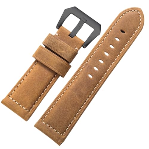 BoBoHome Handgefertigtes Retro-Leder-Armband Mattiertes Edelstahlverschluss-Armband 20mm 22mm 24mm 26mm für PANERAI PAM111 441-Hellbraun + Schwarz 24mm von BoBoHome