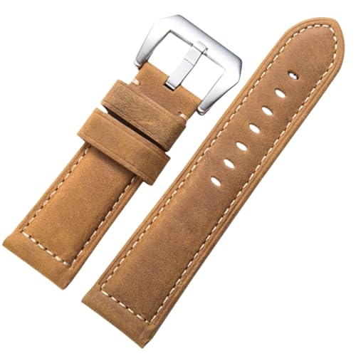 BoBoHome Handgefertigtes Retro-Leder-Armband Mattiertes Edelstahlverschluss-Armband 20mm 22mm 24mm 26mm für PANERAI PAM111 441-Hellbraun + Silber 26mm von BoBoHome