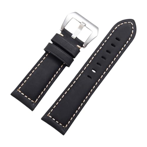 BoBoHome Handgefertigtes Retro-Leder-Armband Mattiertes Edelstahlverschluss-Armband 20mm 22mm 24mm 26mm für PANERAI PAM111 441-Schwarz + Silber 24mm von BoBoHome