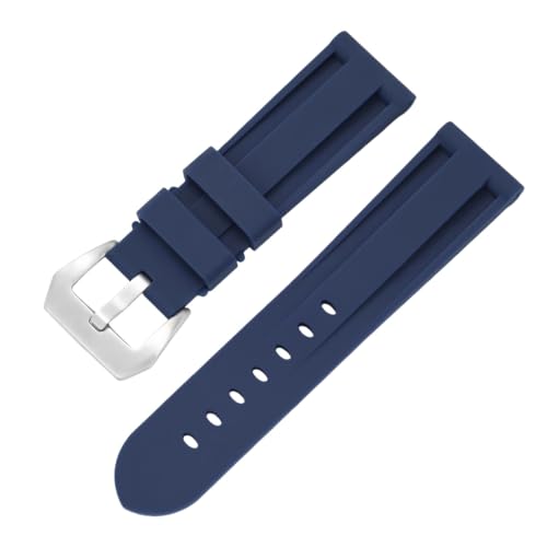BoBoHome Wasserdichtes Silikonarmband Herren Dornschließe Kautschukarmband Ersatz Uhren Zubehör für PA-NE-RAI PAM111/441 - Blau + Silber Schnalle 22mm von BoBoHome