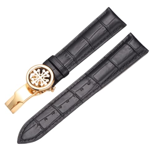 BoBoHome Weiches Echtes Leder-Armband Verstellbares Metallklappverschluss-Armband Reparaturaccessoires für PATEK PHILIPPE-Schwarz + Gold 22mm von BoBoHome