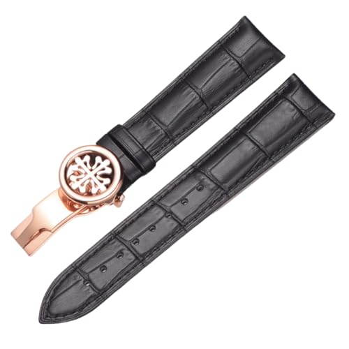 BoBoHome Weiches Echtes Leder-Armband Verstellbares Metallklappverschluss-Armband Reparaturaccessoires für PATEK PHILIPPE-Schwarz + Roségold 24mm von BoBoHome