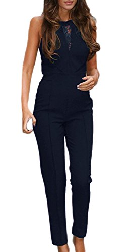 BoBoLily Damen Jumpsuit Elegant Mit Spitze Lang Hosen Women Festlich Vintage Rundhals Catsuit Ärmellos Playsuit Overall Party Abendmode Formal Hosenanzug Sommer von BoBoLily