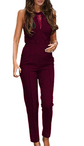 BoBoLily Damen Jumpsuit Elegant Mit Spitze Lang Hosen Women Festlich Vintage Rundhals Catsuit Ärmellos Playsuit Overall Party Abendmode Formal Hosenanzug Sommer von BoBoLily