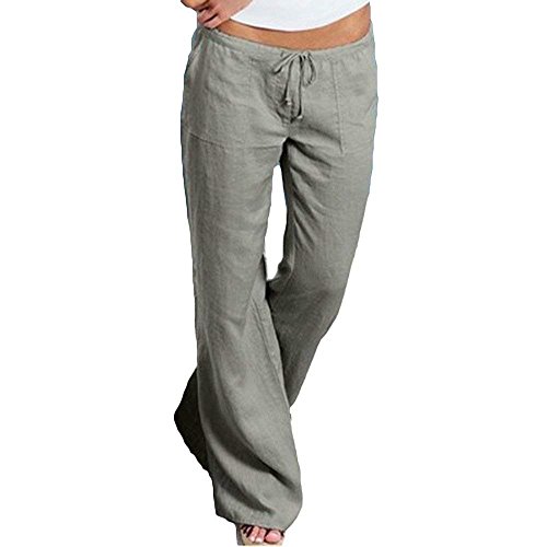 Hose Damen Elegante Sommerhose Lang Kordelzug Unifarben Palazzo Hosen Luftig Leinenhose Locker Yogahose Bequeme Unikat Style Freizeithose (Color : Grau, Size : XL) von BoBoLily