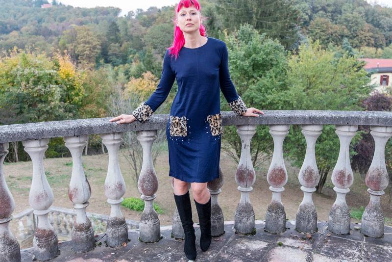 Nos Navy Blau Kunstpelzbesatz Langarm Strickpullover Kleid von BoBoVintage