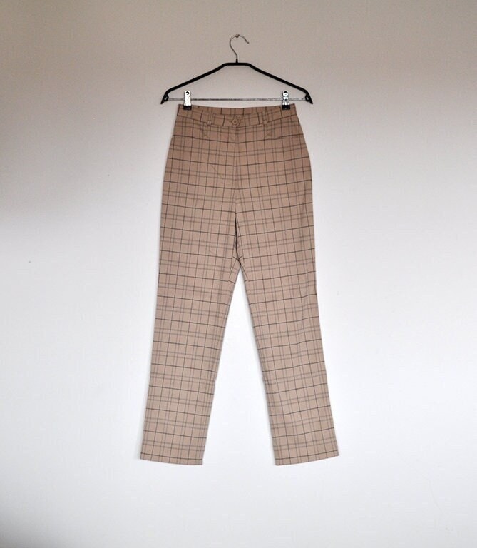 Vintage Beige Karierte Hohe Taille Stretch Skinny Hose von BoBoVintage