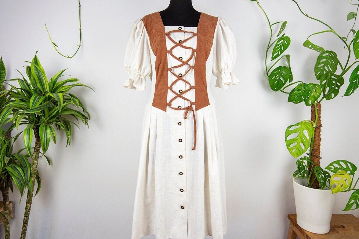 Vintage Beige Und Braun Kunstleder Trim Midi Dirndl Kleid von BoBoVintage