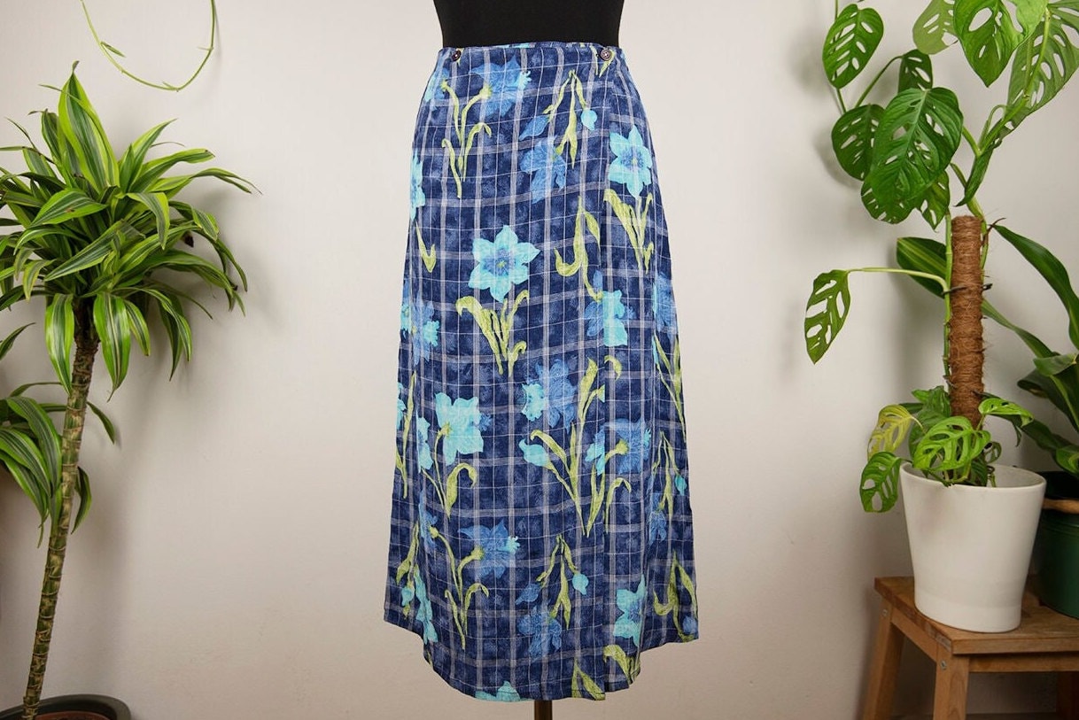 Vintage Blau Blumen Gitter Muster Maxi Wickelrock von BoBoVintage