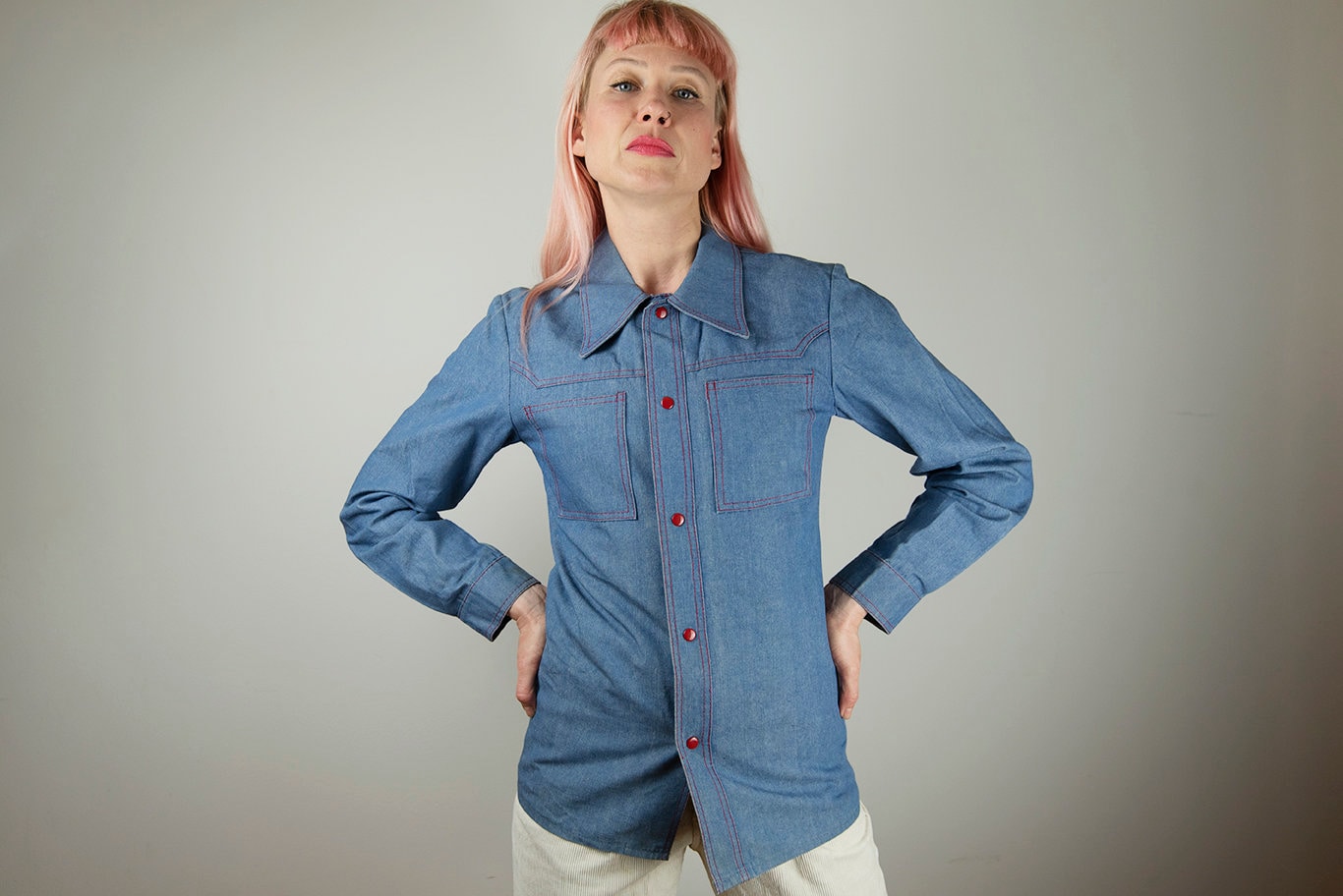 Vintage Blau-Denim-Snap-Button-Up-Shirt von BoBoVintage