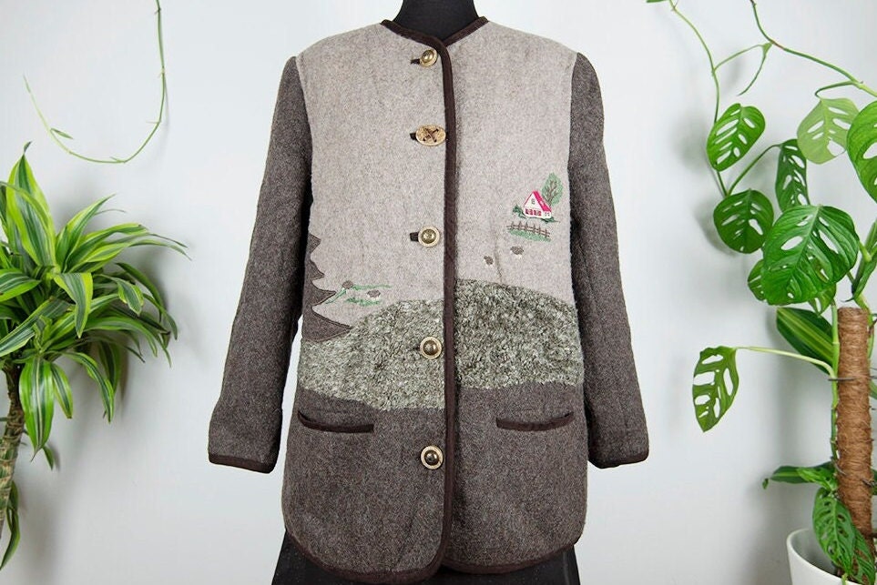 Vintage Braune Wolle Farm Landschaft Stickerei Jacke von BoBoVintage