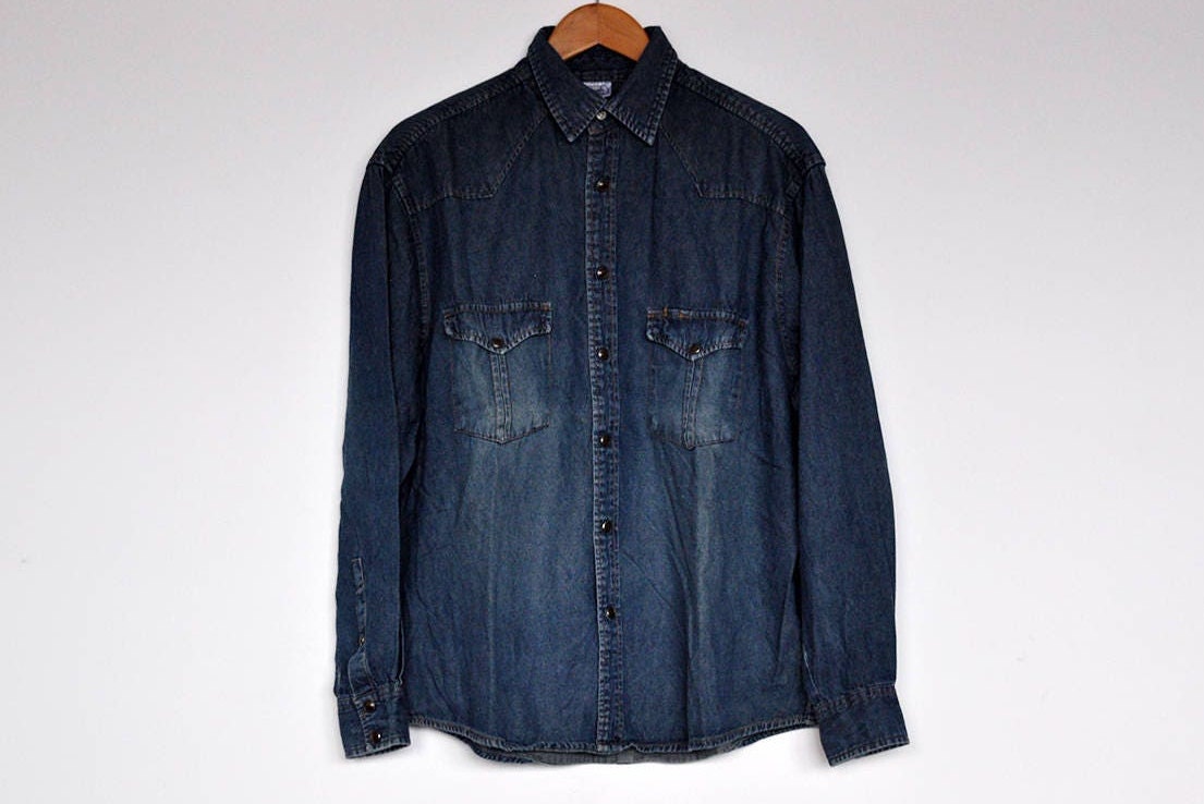 Vintage Denim Langarm Button-Down-Shirt von BoBoVintage