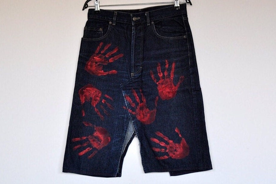 Vintage Dunkelblauer Denim High Waist Midi Rock Mit Roten Palmenabdrücken von BoBoVintage