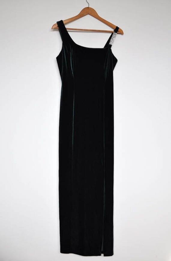 Vintage Dunkelgrün Samt Ärmellos Maxi Kleid Hochgeschlitztes Mit Strass-Detail von BoBoVintage