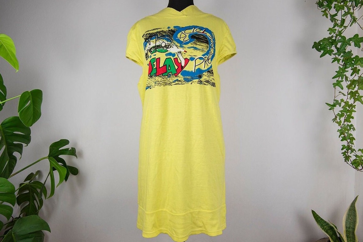 Vintage Gelb Baumwolle Kurzarm Bedrucktes Tunika Midi Kleid von BoBoVintage