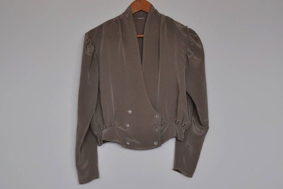 Vintage Glänzende Taupe Zweireihige Drapierte Langarm Jacke von BoBoVintage