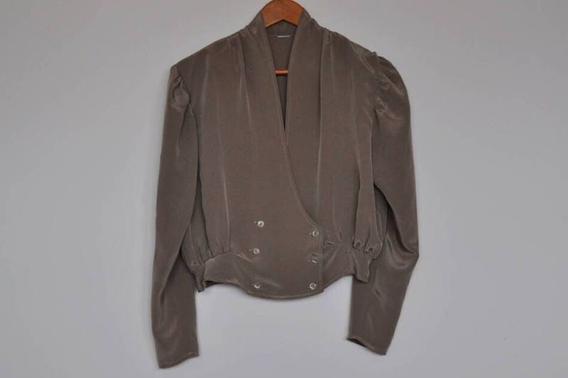 Vintage Glänzende Taupe Zweireihige Drapierte Langarm Jacke von BoBoVintage