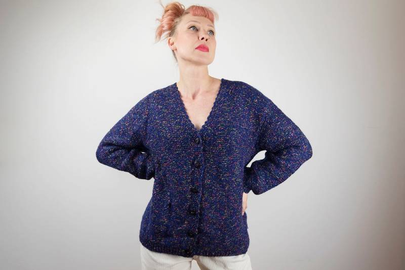 Vintage Hand Stricken Lila Regenbogen Gesprenkelte Strickjacke von BoBoVintage