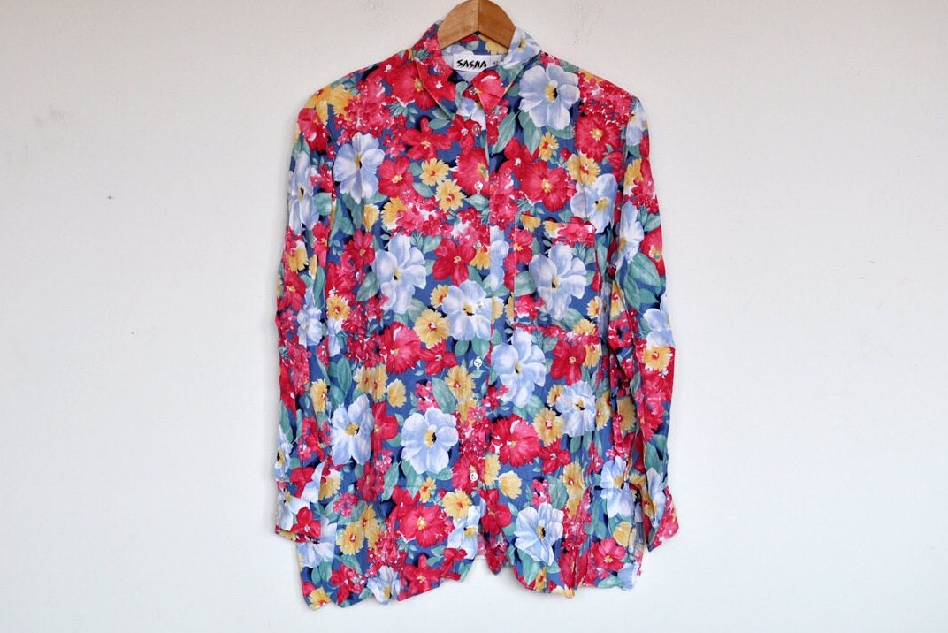 Vintage Helle Blumen Langarm-Taste Up Bluse von BoBoVintage