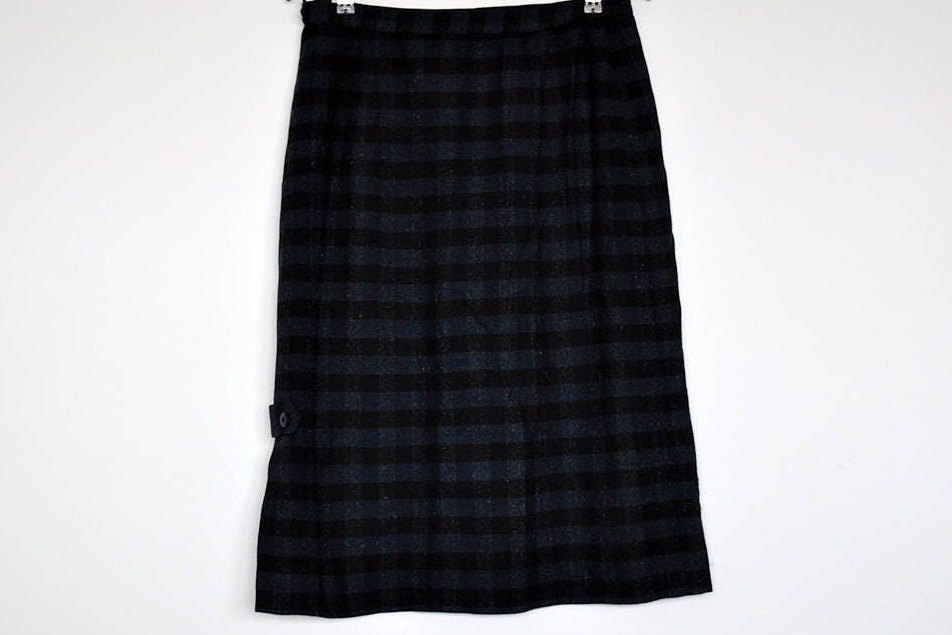 Vintage Karierter Smaragd Grüner Und Schwarzer Midi Wollrock von BoBoVintage