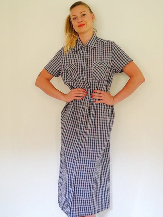 Vintage Kariertes, Geknittertes Maxi-Shirtkleid Aus Baumwolle Mit Knöpfen Und Kurzarm von BoBoVintage