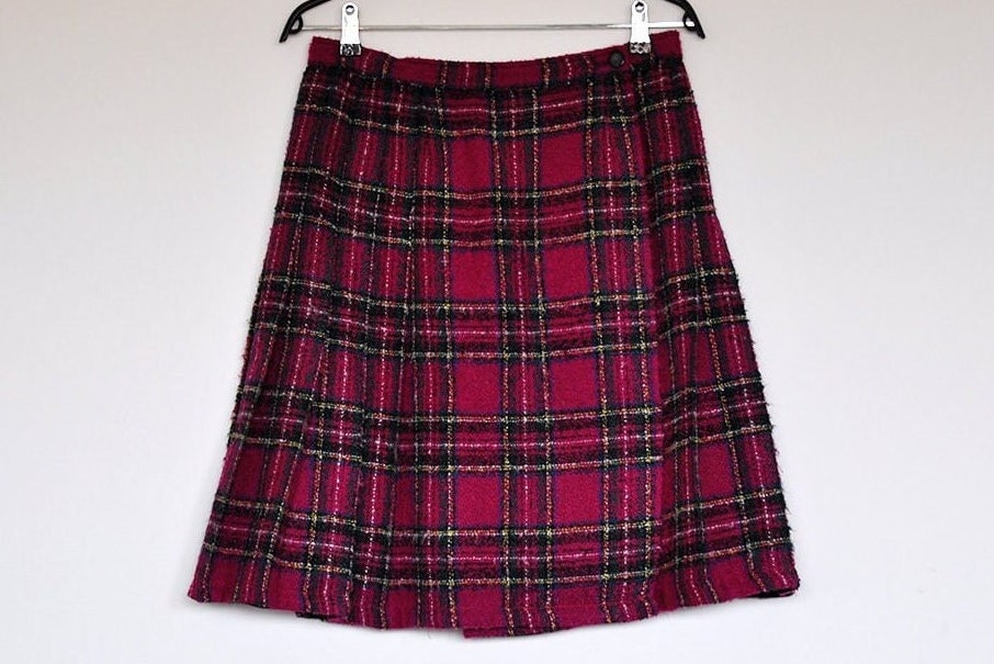 Vintage Magenta Pink Karierte Hohe Taille Falten Mini Rock von BoBoVintage