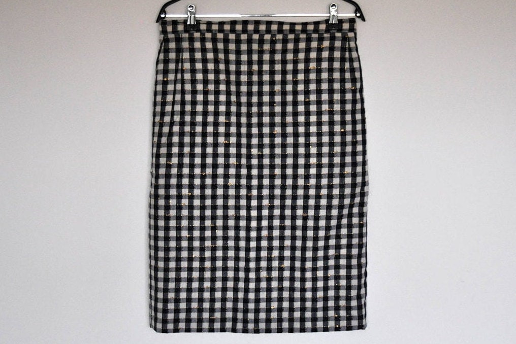 Vintage Navy Weiß Gold Karierter Bleistift Midi Rock von BoBoVintage