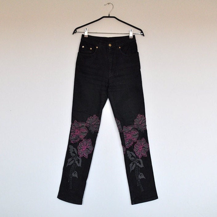 Vintage Roccobarocco Jeans Floral Denim Hohe Taille Stretch Skinny Hose von BoBoVintage