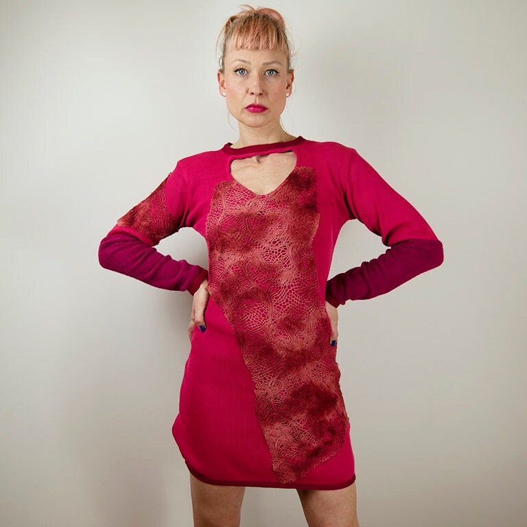 Vintage Rosa Strick Ombre Spitze Langarm Mini Pulloverkleid von BoBoVintage