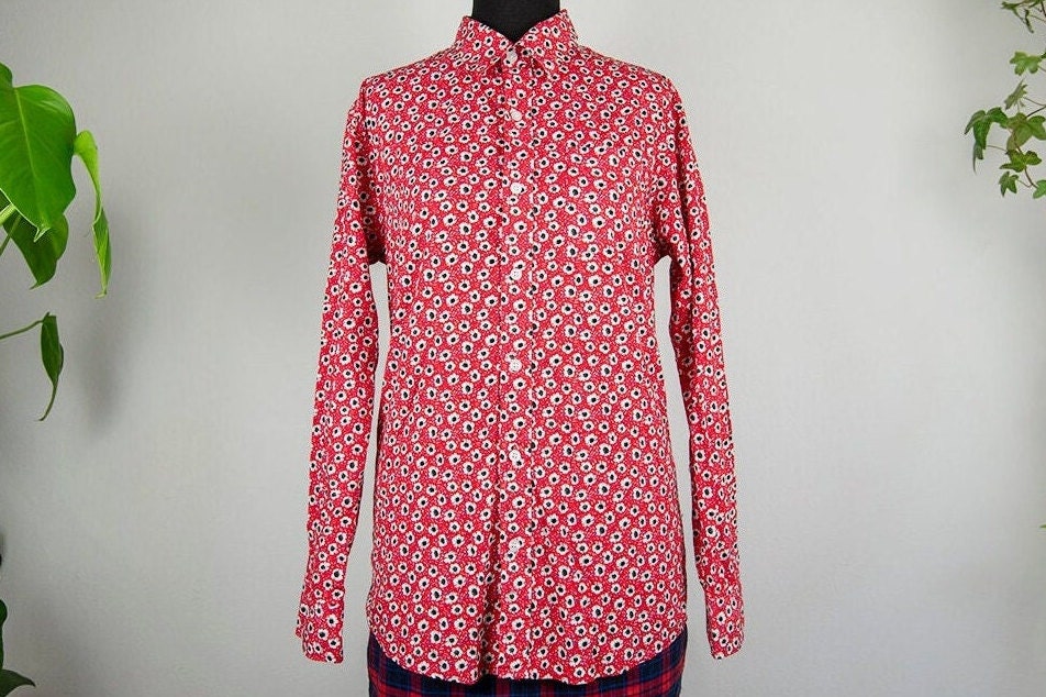 Vintage Rot Und Weiß Floral Langarm Button Up Bluse von BoBoVintage