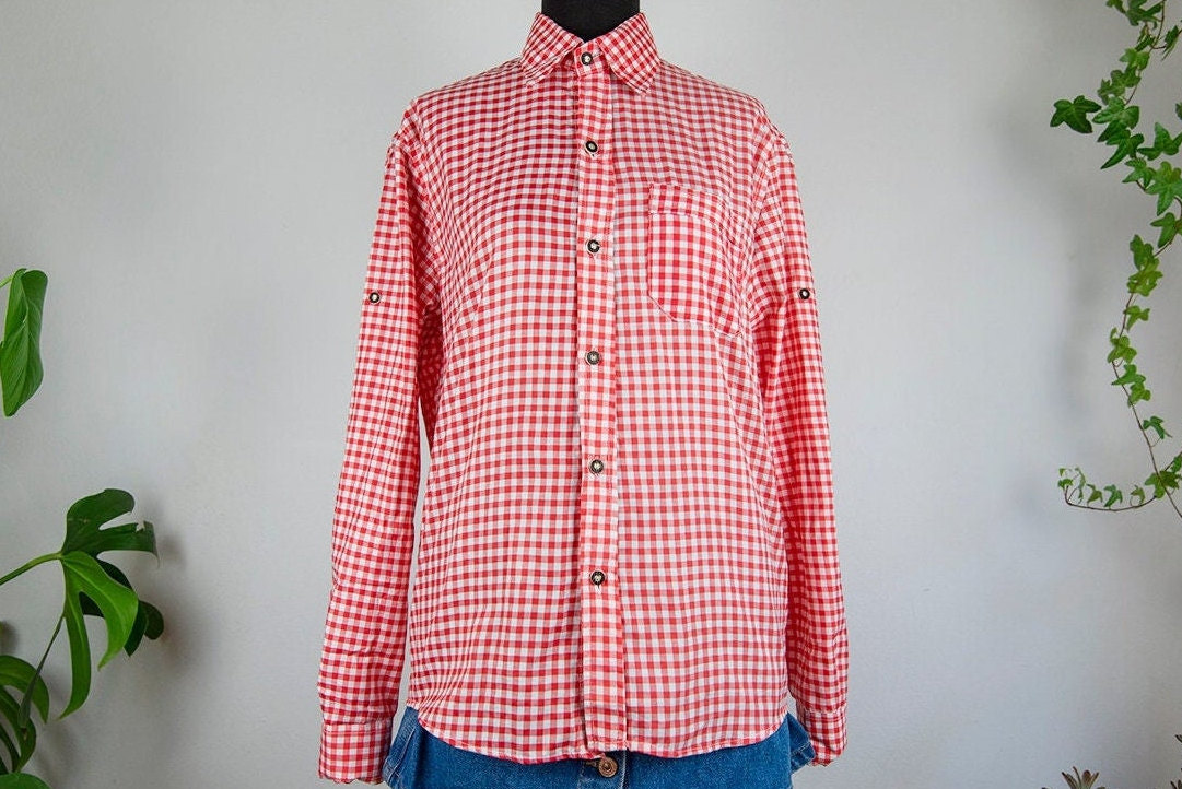 Vintage Rot Und Weiß Karo Button-Down-Langarm-Shirt von BoBoVintage
