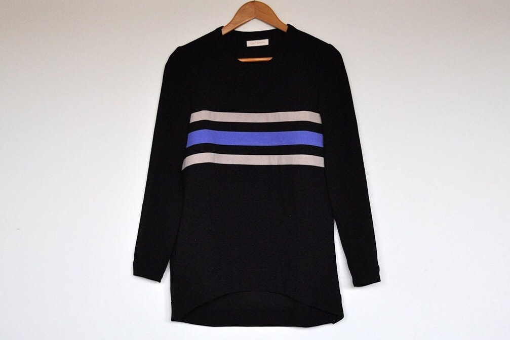 Vintage Schwarz Gestreifte Brust Langarm Pull Over Bluse von BoBoVintage